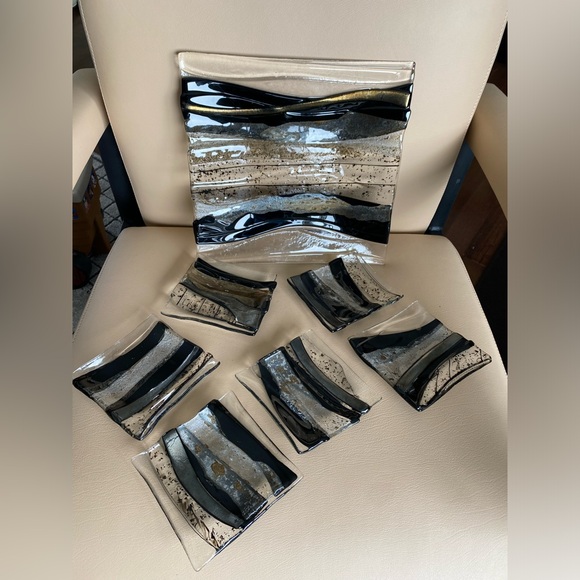 Fused Art glass Striped Clear Black Plates Plater set - Picture 1 of 10